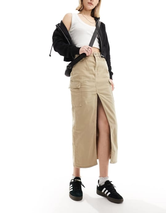 Calvin Klein Jeans maxikjol i denim med framsplit i beige - Image 1