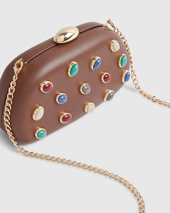 River Island Womens Clutch Bag Brown Mixed Gem Hard Shell Clasp - Image 3