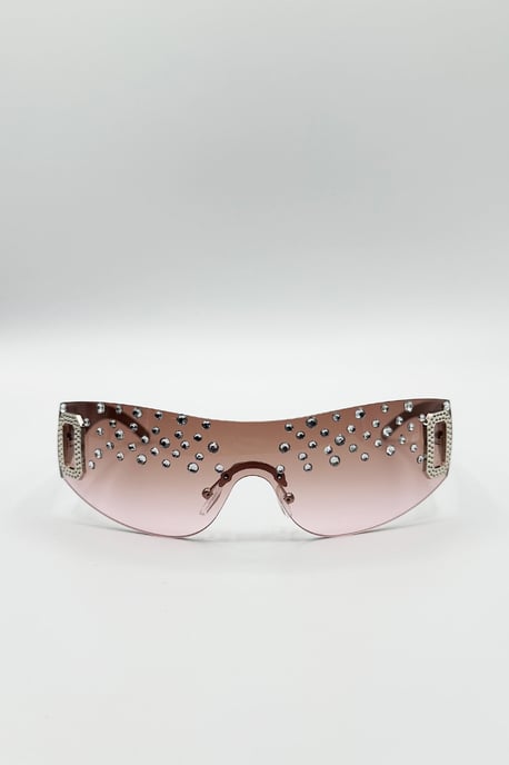 Racer Diamante Sunglasses In Pink - Image 2