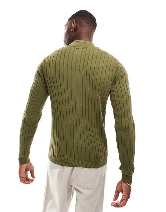 ASOS DESIGN essential muscle fit knitted rib 1/2 zip jumper in khaki - Image 4
