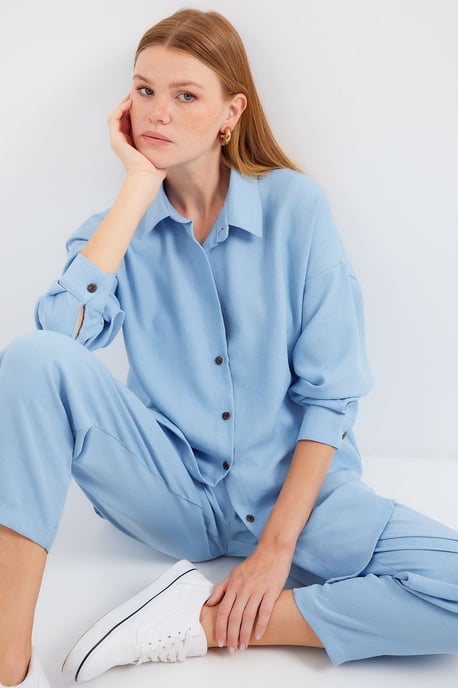 Linnenmix Lange Mouwen Shirt en Broek Set - Image 2
