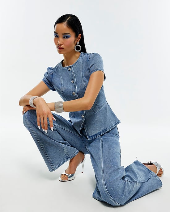 River Island Womens Wide Leg Jeans Blue Washed Bling Button - Image 2