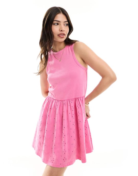 ASOS DESIGN ribbad tank midi-klänning med broderad kjol i rosa - Image 1