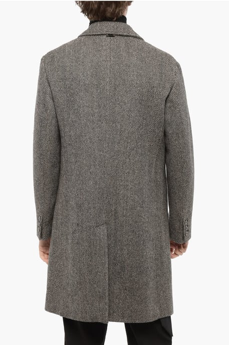 Herringbone Motif Virgin Wool Coat in Black & White - Image 2