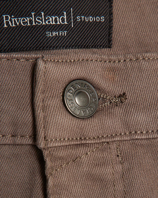 River Island Mens Slim Jeans Brown Fit Washed Button Zip - Image 5