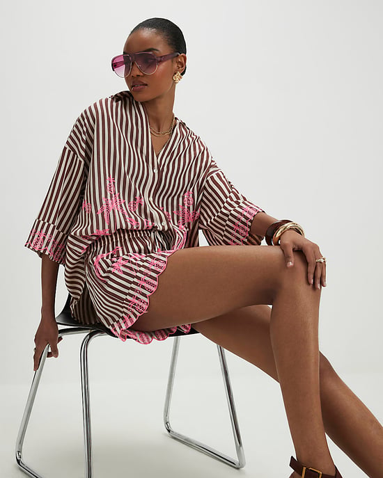River Island Womens Shirt Brown Cotton Blend Stripe Toucan - Image 4