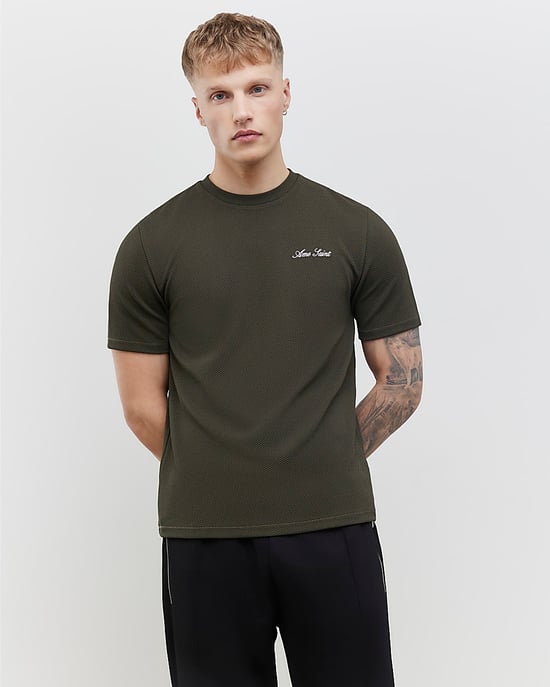 River Island Mens T-Shirt Khaki Slim Fit Textured Ame Saint - Image 1