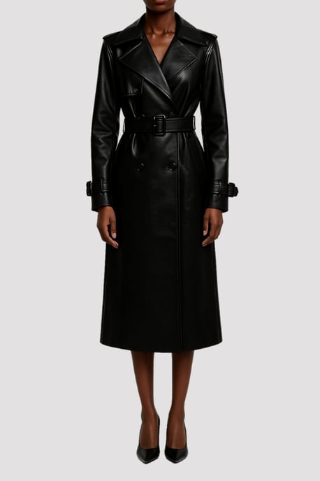 Sophia PU Long Trench Coat in Black - Image 1