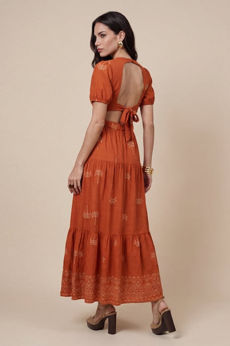Open Back Tirered Maxi Dress Rust Pattern - Image 3