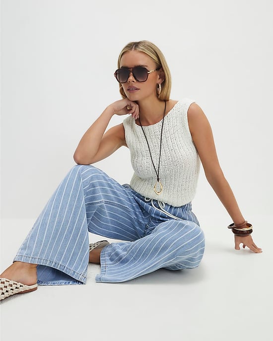 River Island Womens Wide Leg Jeans Petite Stripe Pyjama Style - Image 4