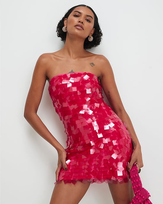 River Island Womens Mini Dress Pink Bandeau Square Sequin Day Zip - Image 1