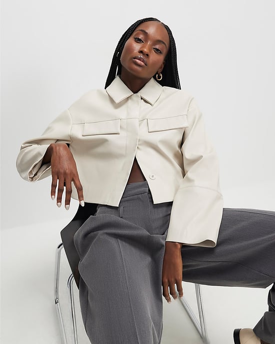 River Island Womens Overshirt Cream Faux Leather Cropped - Image 2