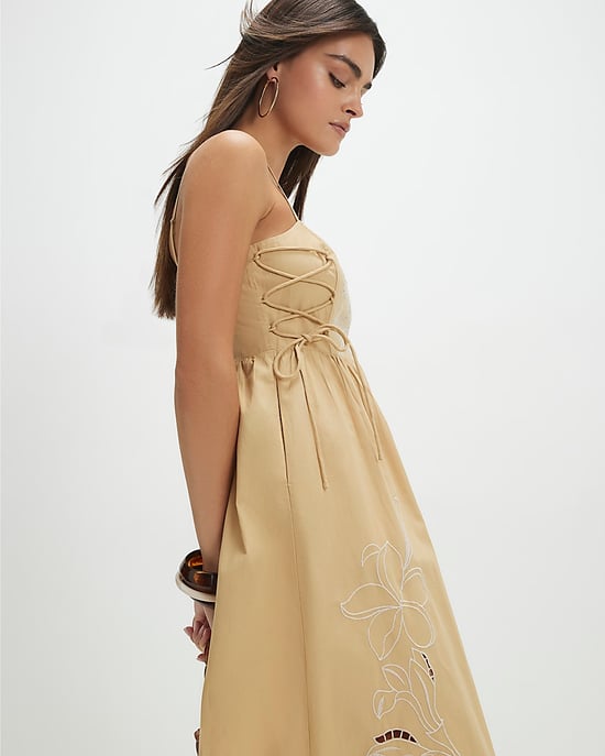 River Island Womens Midi Dress Beige Cotton Broderie Tie Side - Image 4