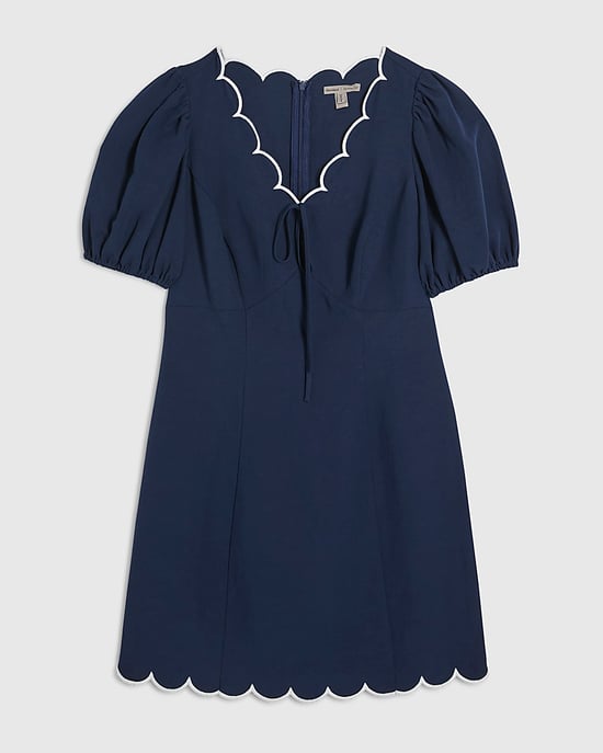 River Island Womens Mini Dress Navy Linen Blend Scallop Trim V-Neck - Image 6