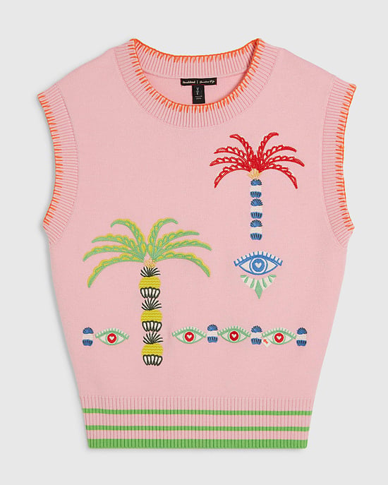 River Island Womens Tank Top Pink Knitted Palm Tree Embroidered - Image 6