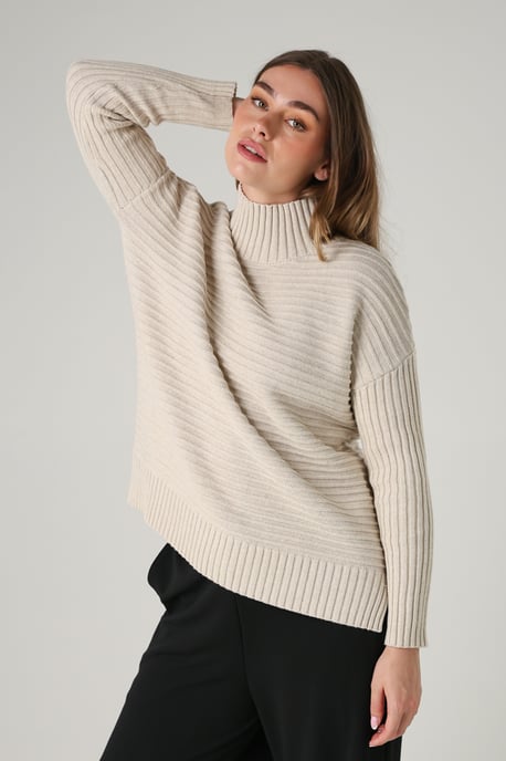Beige Cotton Ribbed Knit High Neck Jumper - Image 4