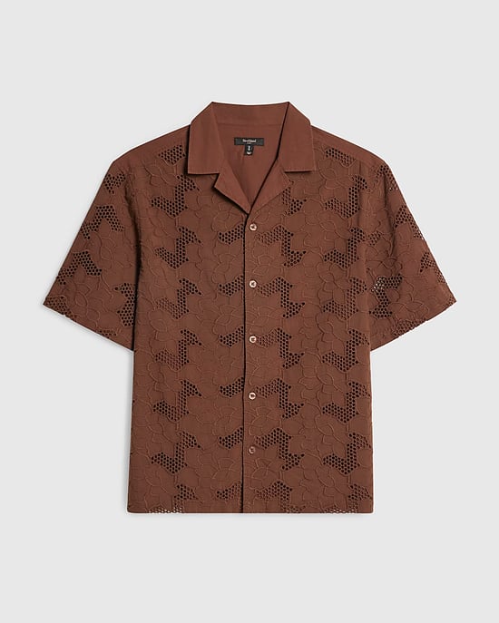 River Island Mens Shirt Brown Boxy Fit Lace Fabric Short Sleeve - Image 6