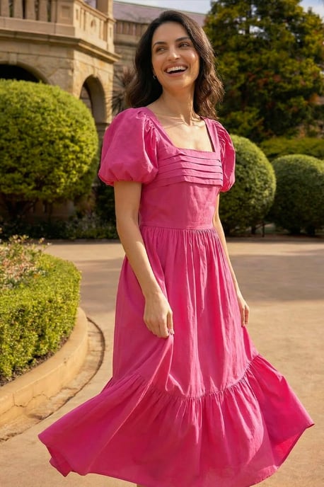 Dusk Cotton Pleated Puff Midi Dress - Image 2