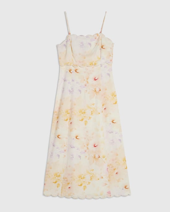 River Island Womens Midi Dress Cream Linen Blend Floral Scallop Zip - Image 6