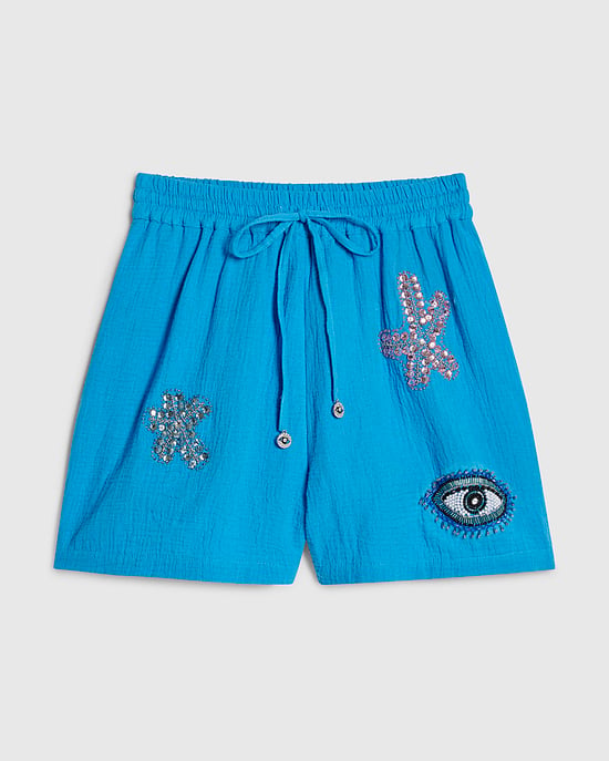 River Island Womens Shorts Blue Embellished Beach Drawstring - Image 6