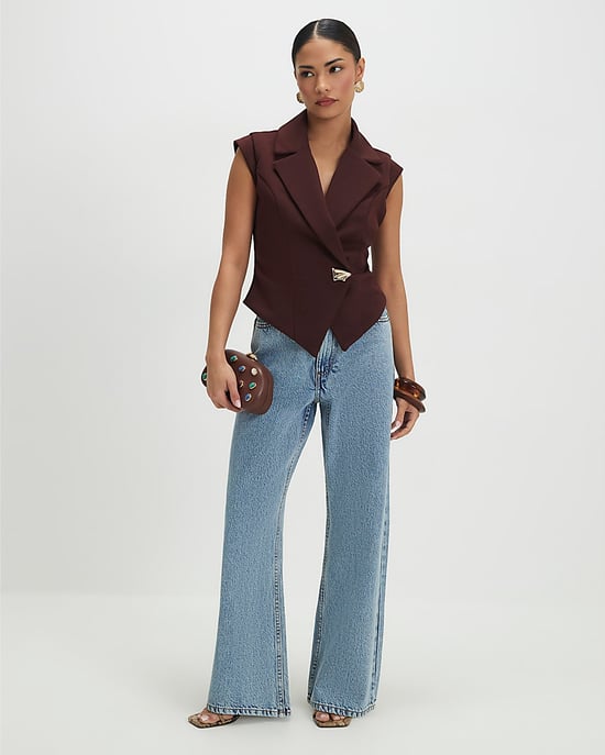 River Island Womens Waistcoat Petite Brown Cap Sleeve Twill - Image 2