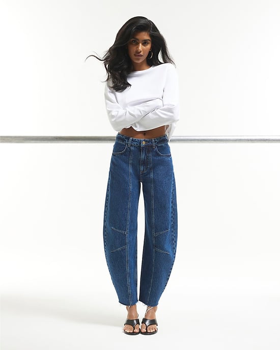 River Island Womens Wide Leg Jeans Blue Mid Rise Seamed Barrel - Image 1