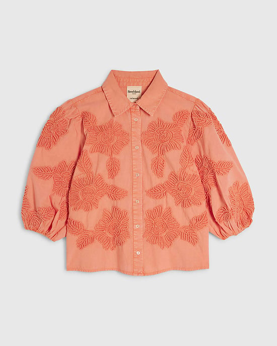 River Island Womens Shirt Pink Cotton Puff Sleeve Cornelli Collared - Image 6