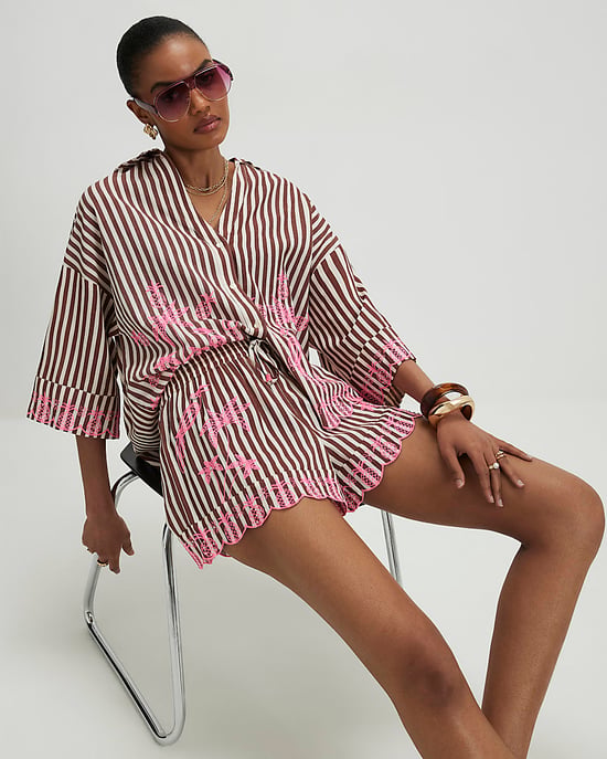 River Island Womens Shorts Brown Stripe Embroidered Toucan - Image 3