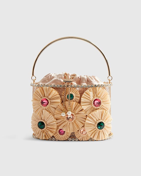 River Island Womens Basket Bag Beige Gem Raffia Flower Drawstring - Image 4