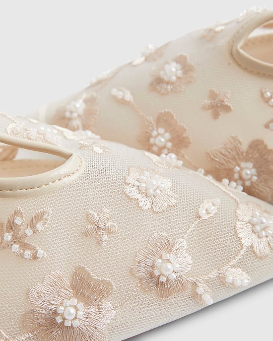 River Island Womens Court Shoes Cream Embroidered Mesh Heels - Image 4