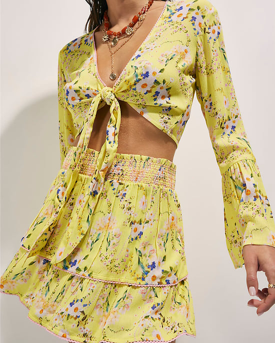 River Island Womens Top & Skirt Set Yellow Floral Print Tie 2 Piece - Image 2
