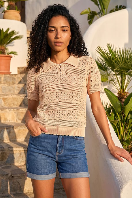 Pointelle Collar Knit Top - Image 1