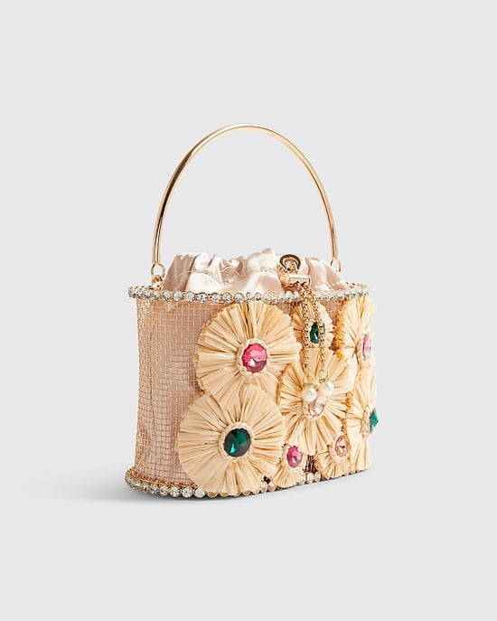 River Island Womens Basket Bag Beige Gem Raffia Flower Drawstring - Image 1