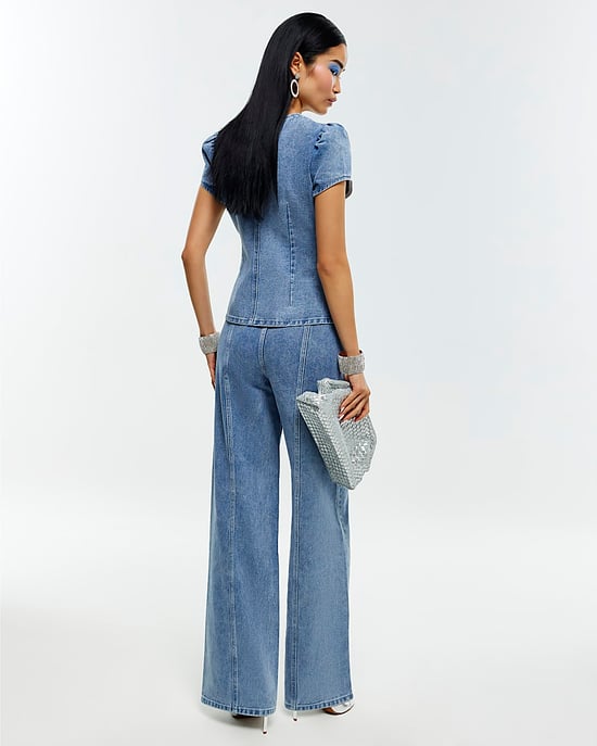 River Island Womens Wide Leg Jeans Blue Washed Bling Button - Image 3