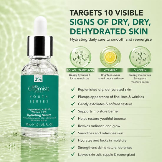 skinChemists Anti-Ageing Hydrating Serum Polyglutamic Acid 1%, Vitamin C 3% 30ml for Brightening, Dark Spots - Image 3