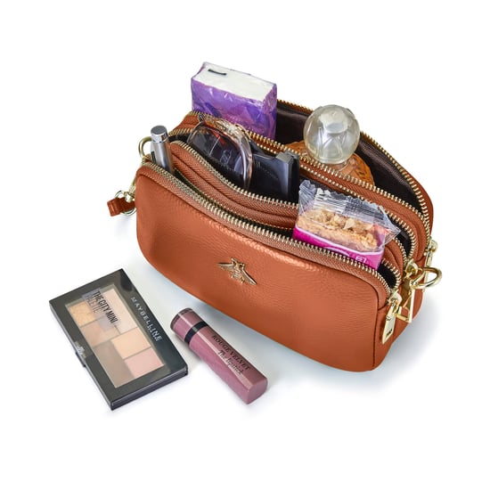 Ladies Crossbody Bag With Wide Strap, Chain And Wristlet in Brown - Image 5