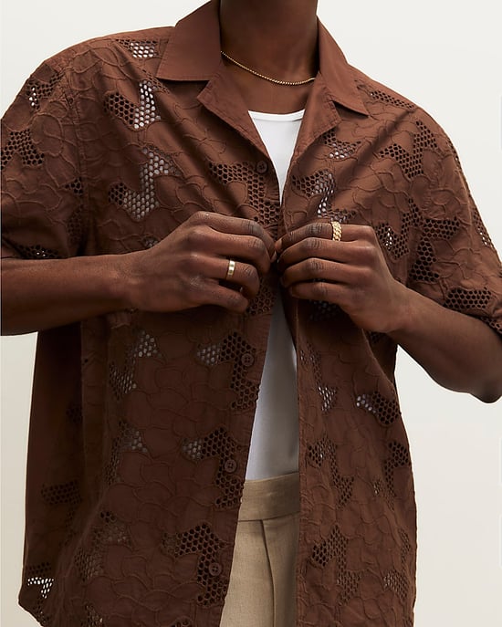 River Island Mens Shirt Brown Boxy Fit Lace Fabric Short Sleeve - Image 4