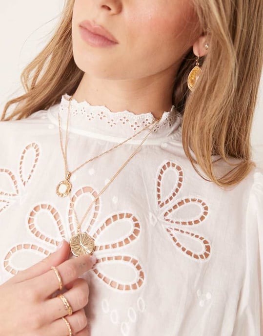 Gina Tricot puff sleeve blouse top with embroidered cutwork front bodice detail in white - Image 4