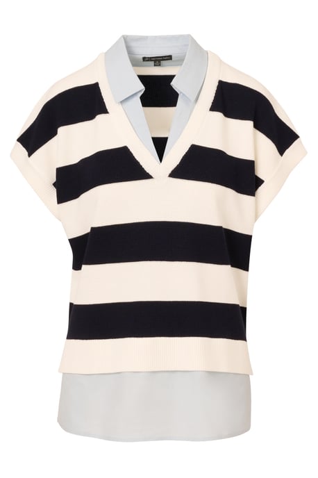 Rugby Striped V-Neck Vest Twofer Sweater W/ Woven Combo - Image 4