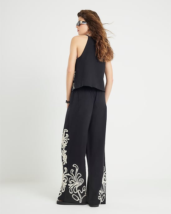 River Island Womens Wide Leg Trousers Black Embroidered Drawstring - Image 3