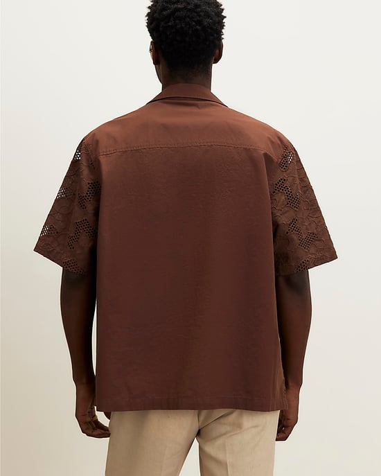 River Island Mens Shirt Brown Boxy Fit Lace Fabric Short Sleeve - Image 3