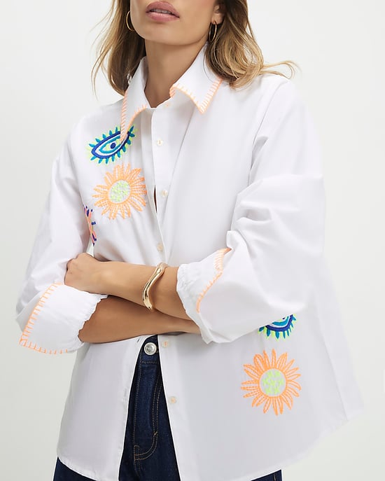 River Island Womens Shirt White Embroidered Graphic Long Sleeve - Image 4