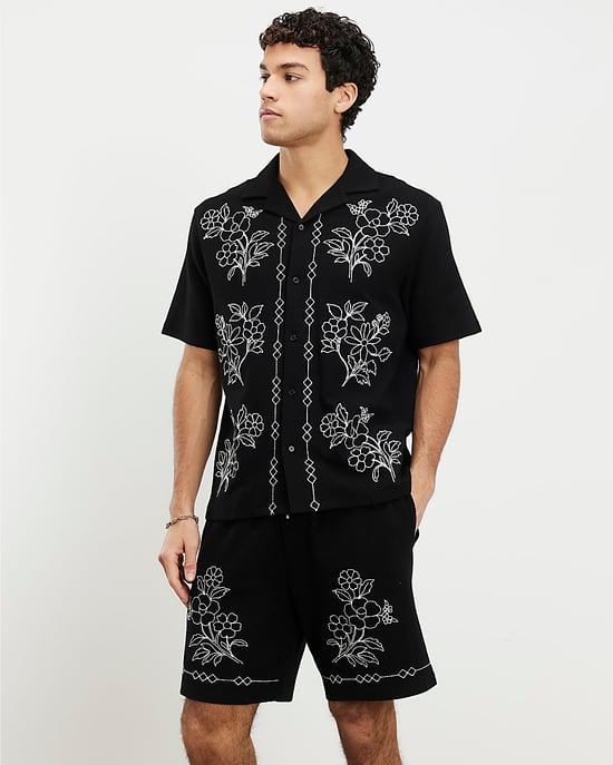River Island Mens Shirt Black Regular Fit Floral Embroidered Collared - Image 4