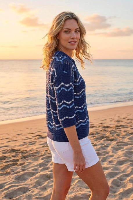 Stripe Wave Knit Polo Top - Image 3