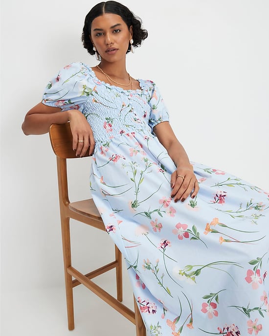 River Island Womens Midi Dress Blue Cotton Floral Shirred Short Sleeve - Image 3