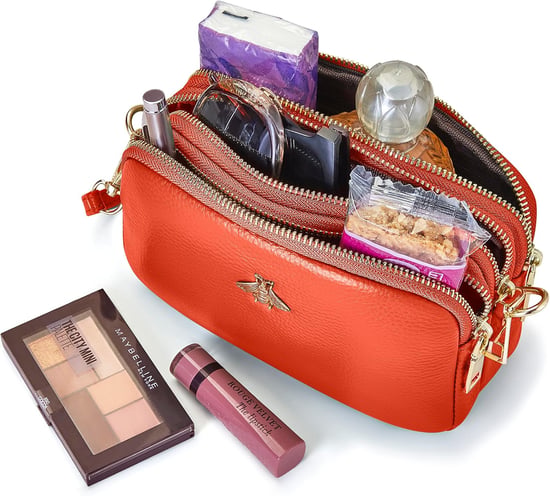 Ladies Crossbody Bag With Wide Strap, Chain And Wristlet in Orange - Image 5