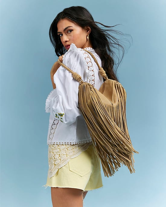 River Island Womens Cylinder Bag Beige Mega Fringe Suede Zip - Image 5