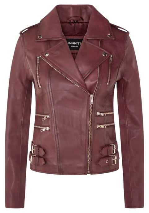 Womens Leather Burgundy Brando Biker Jacket-Constantia - Image 2