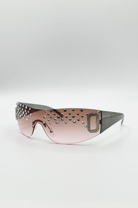 Racer Diamante Sunglasses In Pink - Image 3