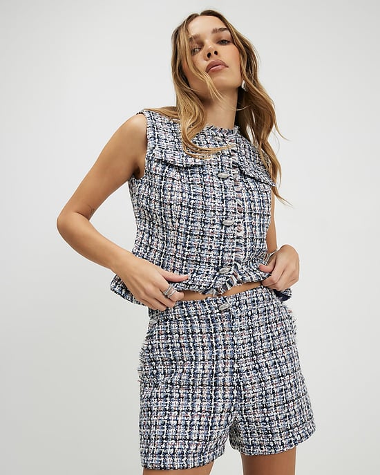 River Island Womens Shorts Blue Boucle Fringed Trim Zip - Image 3